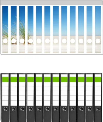 Produktbild von Wallario 12 Stück schmale Ordner inkl. Klebeetiketten mit Motive Sandstrand unter blauem Himmel -  Set mit Rückenschildern / Ordnerrücken Stickern