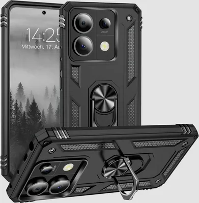 A black protective phone case with a ring holder is displayed from multiple angles against a light gray background.