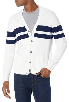 Productafbeelding van A. Essentials heren gebreide vest van katoen, marineblauw en wit, rugbystreep, maat: [maat]