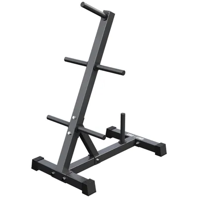 A black weight plate rack with multiple arms for storing weight plates, shown against a white background.