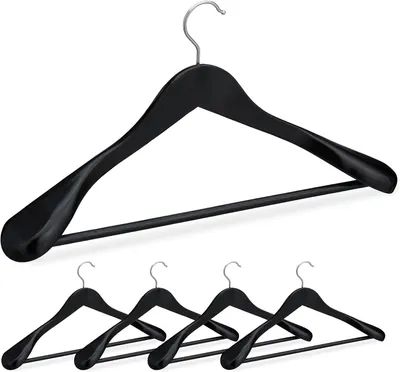 Immagine prodotto di Set di 5 appendiabiti in legno - Spalle larghe - Ideali per abiti eleganti, giacche - Gancio girevole a 360° - Barra per pantaloni - Colore nero