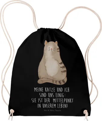 Produktbild von Mr. & Mrs. Panda Sportbeutel Katze Sitzen - Schwarz - Geschenk, Cat, Familie, Katzen, gym tasche, gymnastiktasche, Beutel, baumwoll rucksack, Herz, wander