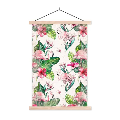 Produktbild von MuchoWow® Textilposter Rosa - Muster - Flamingo 60x90 cm mit holzfarbenen Rahmen - Textil