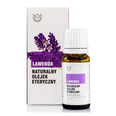 A bottle of lavender essential oil and its packaging.