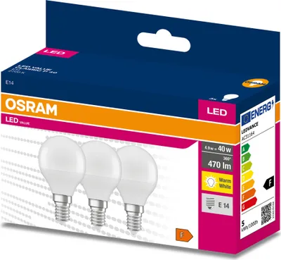 Zdjęcie produktu dla 3PAK Żarówka LED E14 P45 4,9W = 40W 470lm 2700K Ciepła 200° OSRAM Value