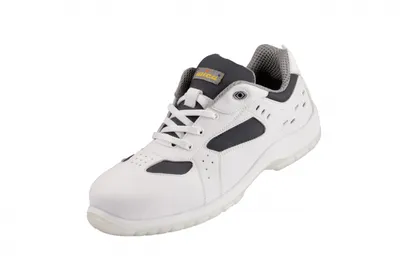 A white and gray work shoe is shown against a white background.