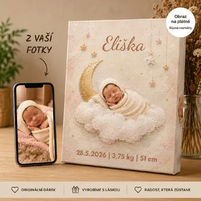 Produktbild von Personalisierte Leinwand mit Meilenstein-Motiv – Schläfendes Baby auf einer Wolke – 20 x 30 cm
