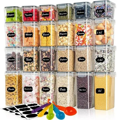 Produktbild von Unyqoos® 24-teiliges Set luftdichte Vorratsdosen, BPA-freier Kunststoff, 6×2L / 12×1,4L / 6×0,8L, Etiketten + 5 Messlöffel, mikrowellen-/gefrier-/spülmaschinenfest