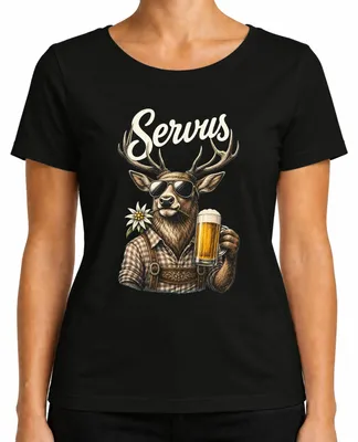 Produktbild von Servus Hirsch Edelweiß Bier Trachtenshirt Lederhose Damen T-Shirt, Schwarz, M