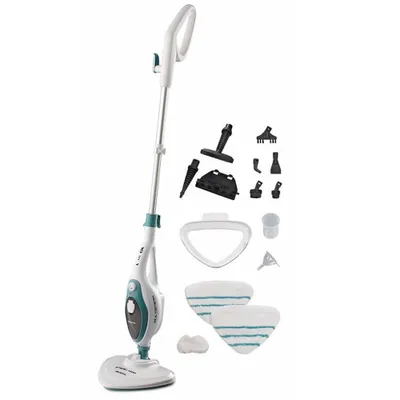 A steam mop and its accessories are displayed against a white background.
