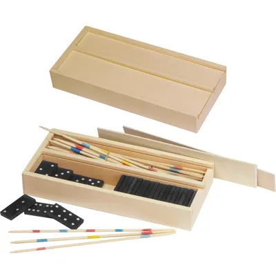 Produktbild von Spieleset in einer Holzbox mit Mikado und Domino