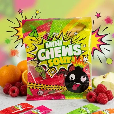 Produktbild von Fundiez Mini Chews Sour Saure Frucht-Kaubonbons 175g + Heartforcards Versandschutz
