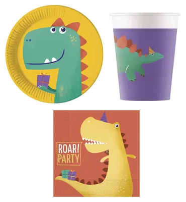 Produktbild von 36-teiliges Dinosaurier Roar Party kompostierbares Party-Set inkl. Pappteller, Pappbecher und Papierservietten
