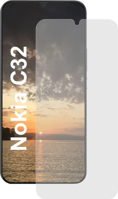 A screen protector is shown placed over a smartphone displaying a sunset over water.