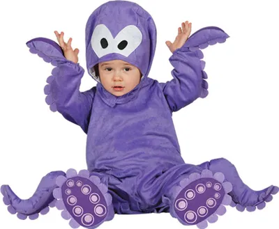 A baby wearing a purple octopus costume is sitting and posing for the camera.