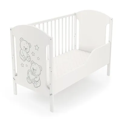 Image de Lit bébé Hugo 60x120 cm avec barrière et matelas en mousse – blanc, en bois, avec motif oursons