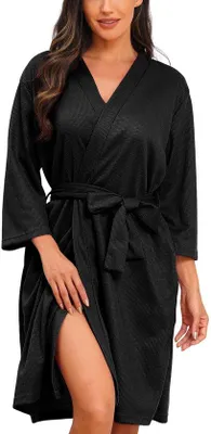 Produktbild von Lovasy Damen-Bademantel aus Waffelpiqué mit 3/4-Ärmeln, Sauna- und Hausmantel aus Waffelstrick, weiche, leichte, knielange Loungewear mit Gürteltaschen, schwarz, S