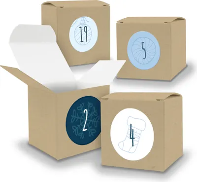 Produktbild von Adventskalender zum Füllen 24x Würfel 6,5cm BRAUN + Sticker V05 Z12