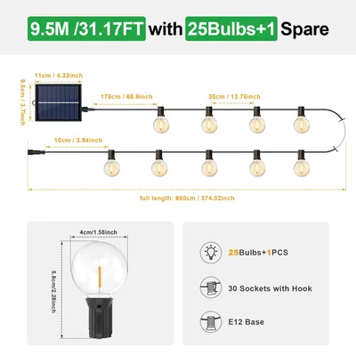 Image de Guirlande lumineuse LED à énergie solaire - Ampoules G40 - 9,5 mètres, 26 ampoules - Télécommande - Intensité variable - IP65 - Étanche - Pour l'extérieur