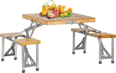 Productafbeelding van Famanu Campingset: inklapbare tafel met 4 stoelen en parasolgat - hout/aluminium