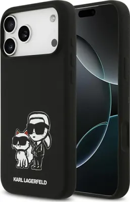 A black phone case with a Karl Lagerfeld design is shown next to a smartphone.