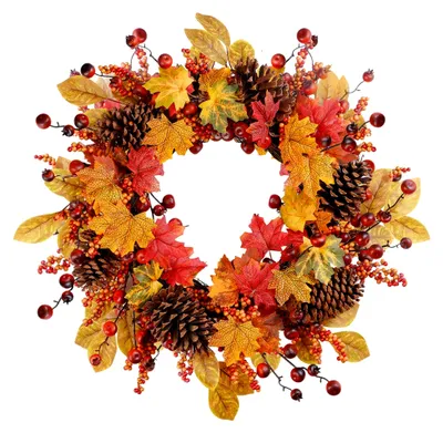Produktbild von Herbstlicher Türkranz, 61 cm Künstlicher Ahorn mit Tannenzapfen für Halloween und Erntedank, Dekoration für Haustür, Wand und Fenster