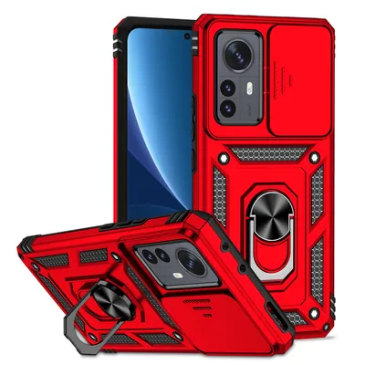 Immagine prodotto di Custodia per Xiaomi 12 Pro a doppio strato con copertura scorrevole della fotocamera e supporto ad anello rosso