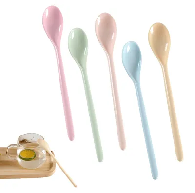 5 bunte Kunststofflöffel, lang, für Kaffee, Eis & Joghurt