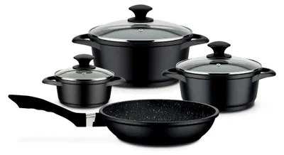 Produktbild von Gourmet Granit Kochtopf- und Pfannenset – 7-teiliges Set aus Töpfen und Pfanne mit Deckel, geeignet für Induktion und Backofen – Aluguss, Schwarz