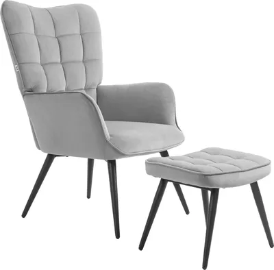 Produktbild von Ohrensessel mit Hocker, Loungesessel, Relaxsessel, Polstersessel mit Samtoptik, Fernsehsessel, Esszimmerstuhl bis 120 kg, Hellgrau