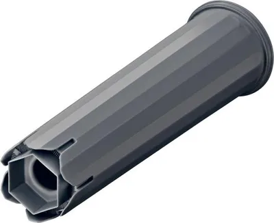 A single gray cylindrical object with a hexagonal opening at one end and a flanged opening at the other, set against a white background.