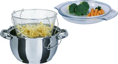 Produktbild von GSW Frittiertopf (Pommes-Frites-Topf) 22cm, Edelstahl, Glas, Frittiertopf mit Glasdeckel ø ca. 22 x H 11,5cm / Frittiereinsatz