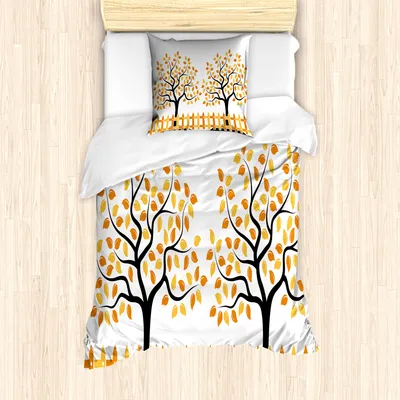 Produktbild von ABAKUHAUS Ackerland Mantele, Fall-Herbst-Bäume, Milbensicher Allergiker geeignet mit Kissenbezügen, 135 cm x 200 cm - 80 x 80 cm, Orange Schwarz
