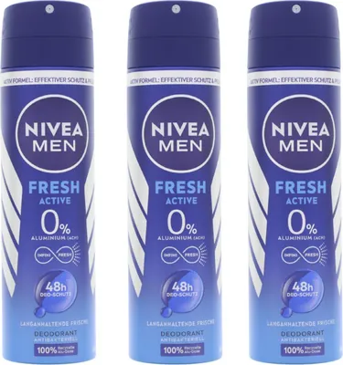Produktbild von 3 x Nivea Men Fresh Active Deo Spray je 150ml 48h Schutz  0% Aluminium