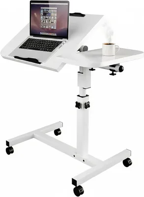 Imagen del producto de Mesa de cama móvil, con altura ajustable de 60 a 90 cm, con ruedas, superficie de la mesa inclinable, ideal para usar con un portátil
