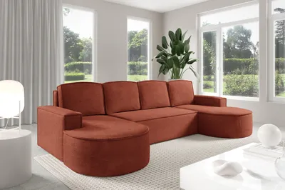 Immagine prodotto di Divano ad angolo GUTTO Molly a forma di U con linee arrotondate, in color crema e velluto verde chiaro: un design arrotondato di tendenza! (con funzione letto)