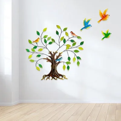 Zdjęcie produktu dla Dekoracja ścienna "Drzewo życia" z metalu, z kolibrami i kolorowymi liśćmi, 55 x 66 cm, do użytku wewnątrz i na zewnątrz