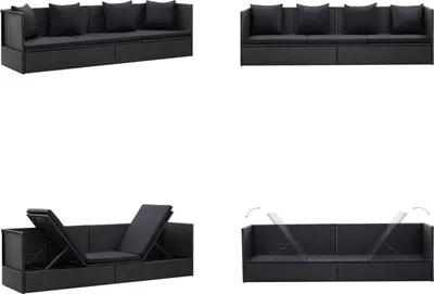 Image de vidaXL Canapé-lit de jardin avec coussins Poly rotin noir - Lit de jardin - Chaise longue - Bain de soleil - Canapé-lit de jardin