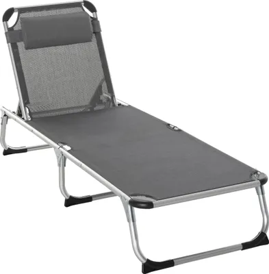 Produktbild von Sonnenliege faltbar Gartenliege mit Kopfkissen Liegestuhl mit der 4-stufig verstellbaren Rückenlehne Campingliege bis 120 kg belastbar für Outdoor-Park, Garten, Grau