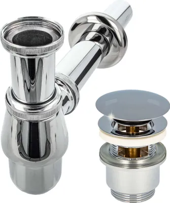 A chrome siphon and pop-up drain assembly for a sink.