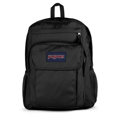 A black Jansport backpack is shown against a white background.