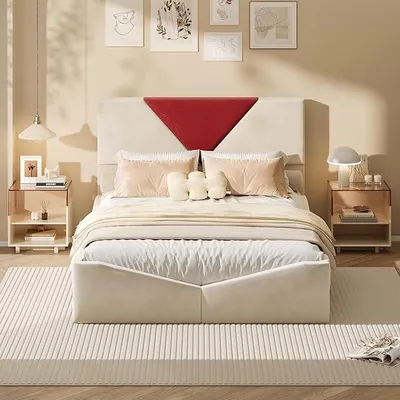 Imagen del producto de Cama tapizada de 140x200 cm, cama doble con somier, cama con espacio de almacenamiento y cajones, cama juvenil con espacio de almacenamiento, cama funcional, estructura de cama con cabecero acolchado, sin colchón (beige)