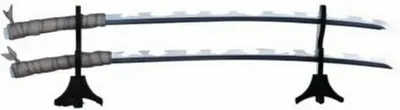 Two swords displayed on a black stand against a white background.