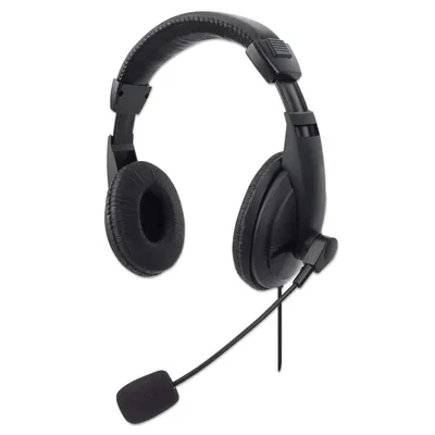 Produktbild von Manhattan Stereo USB-Headset, Leichtes, ohrumschließendes Design (Over-Ear), kabelgebunden, USB-A-Stecker, integrierte Bedienelemente, verstellbares Mikrofon, schwarz, Kabelgebunden, Büro/Callcenter, 203 g, Kopfhörer, Schwarz