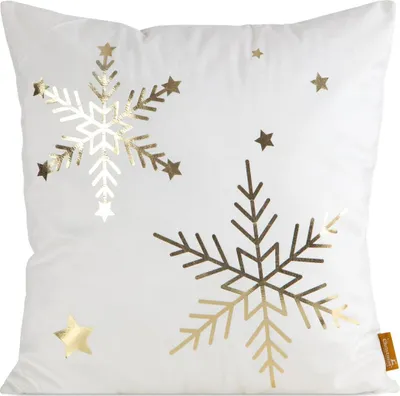 Produktbild von EUROFIRANY | Weihnachtskissenbezug - Weihnachts-Zierkissenbezug - 45 x 45 cm - Weiß Gold - Schneeflockenmuster - Sofakissenbezug - Weihnachten