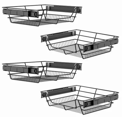 Image de YARDIN 4X Tiroir de cuisine 60 cm, système de glissières, adapté aux armoires de 60 cm, largeur du panier 57 cm, panier de rangement en acier pour cuisine, noir