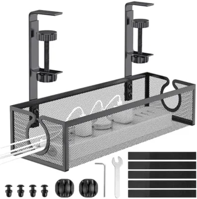 Produktbild von PolkaHome® Kabelmanagement-Tischkorb – ohne Bohren, 34 x 12 x 3 cm, Schwarz