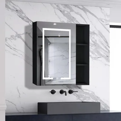 Produktbild von AICA LED Spiegelschrank mit Seiteschrank 70x70cm Hochglanz Schwarz Touch/Wandschalter Beschlagfrei 3 Lichfarbe Dimmbar Spiegelschrank mit Steckdose