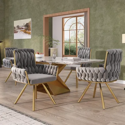 Image de OKWISH Chaise de Salle à Manger, Lot de 2 Chaises Pivotantes avec Accoudoirs - Sièges en Velours et Pieds Métal - 55x46x87 cm - Gris