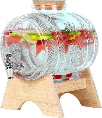 Productafbeelding van Glazen drankdispenser met tuit, houten voet – 1/3 liter karaf – Waterdispenser voor wijn, whisky, brandy, sap en limonade